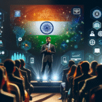 A confident Indian business leader speaking at a tech conference, with the Indian flag and digital product icons in the background, highlighting innovation.