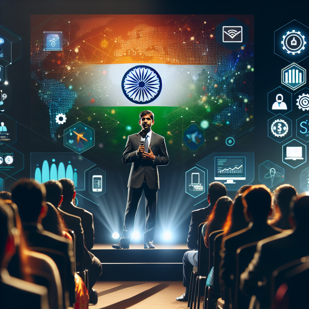 A confident Indian business leader speaking at a tech conference, with the Indian flag and digital product icons in the background, highlighting innovation.