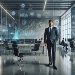 A professional business leader in a modern fintech office, surrounded by digital financial graphs, futuristic technology interfaces, and stock market data visualizations.