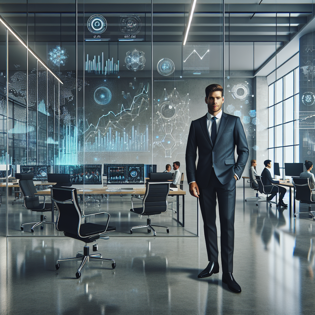 A professional business leader in a modern fintech office, surrounded by digital financial graphs, futuristic technology interfaces, and stock market data visualizations.