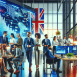 A modern office setting with diverse professionals collaborating, UK and India flags in the background, digital growth charts, and a vibrant business atmosphere.