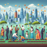 A diverse group of people planting saplings and holding coins against a futuristic Indian city skyline, symbolizing investment and growth for Viksit Bharat.