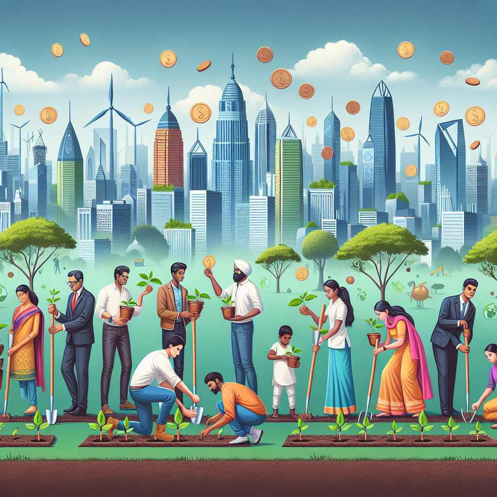 A diverse group of people planting saplings and holding coins against a futuristic Indian city skyline, symbolizing investment and growth for Viksit Bharat.