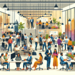Modern co-working space in India bustling with diverse professionals, open layout, shared desks, bright lighting, and collaborative atmosphere.