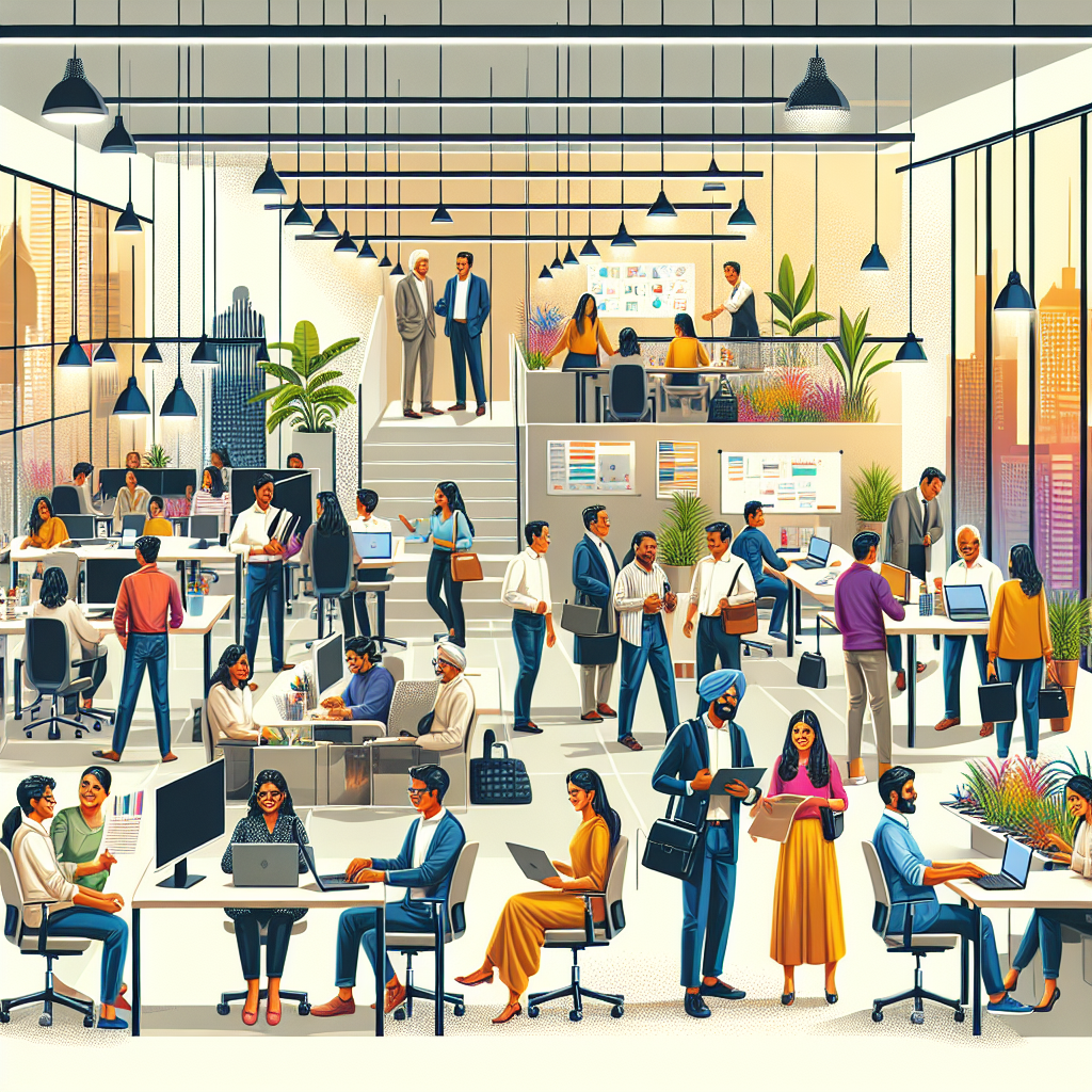 Modern co-working space in India bustling with diverse professionals, open layout, shared desks, bright lighting, and collaborative atmosphere.