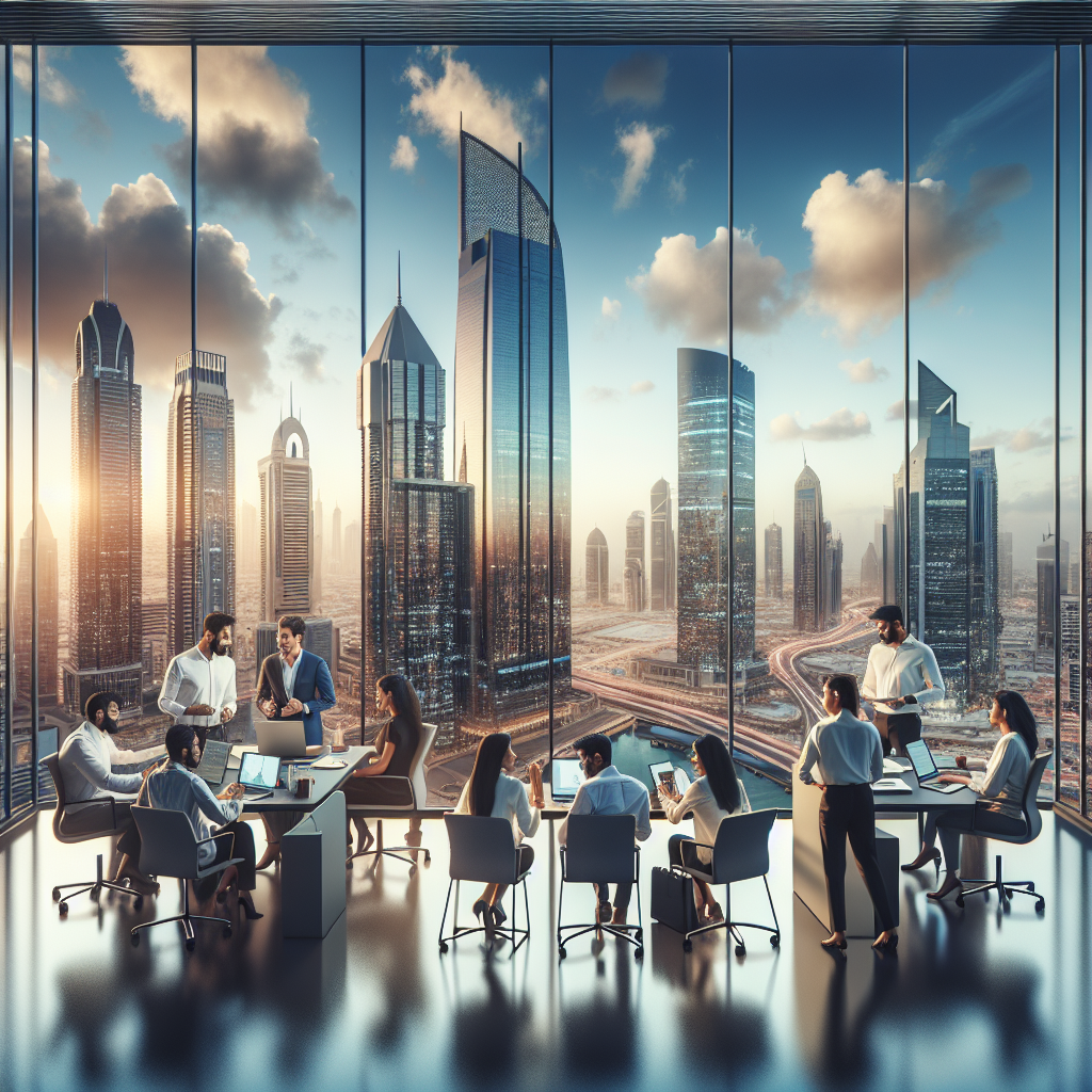 A bustling city skyline in the Gulf region with Indian professionals working in modern office spaces, symbolizing global job opportunities and economic growth.