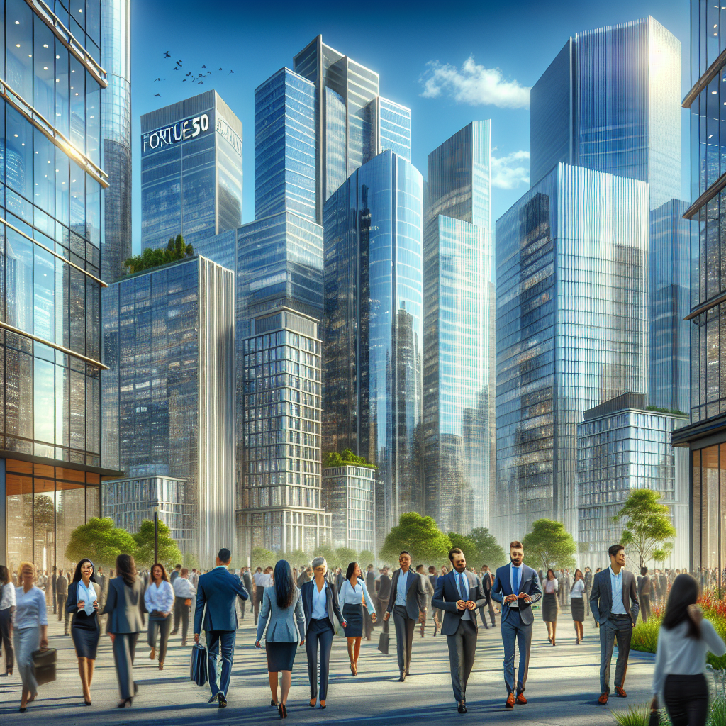 Modern office skyscrapers in India bustling with business professionals, highlighted Fortune 500 logos, and vibrant urban skyline under clear sky.