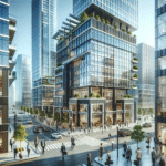 Modern office towers in a bustling cityscape, vibrant business activity, people entering leased offices, bright daylight, dynamic urban environment.