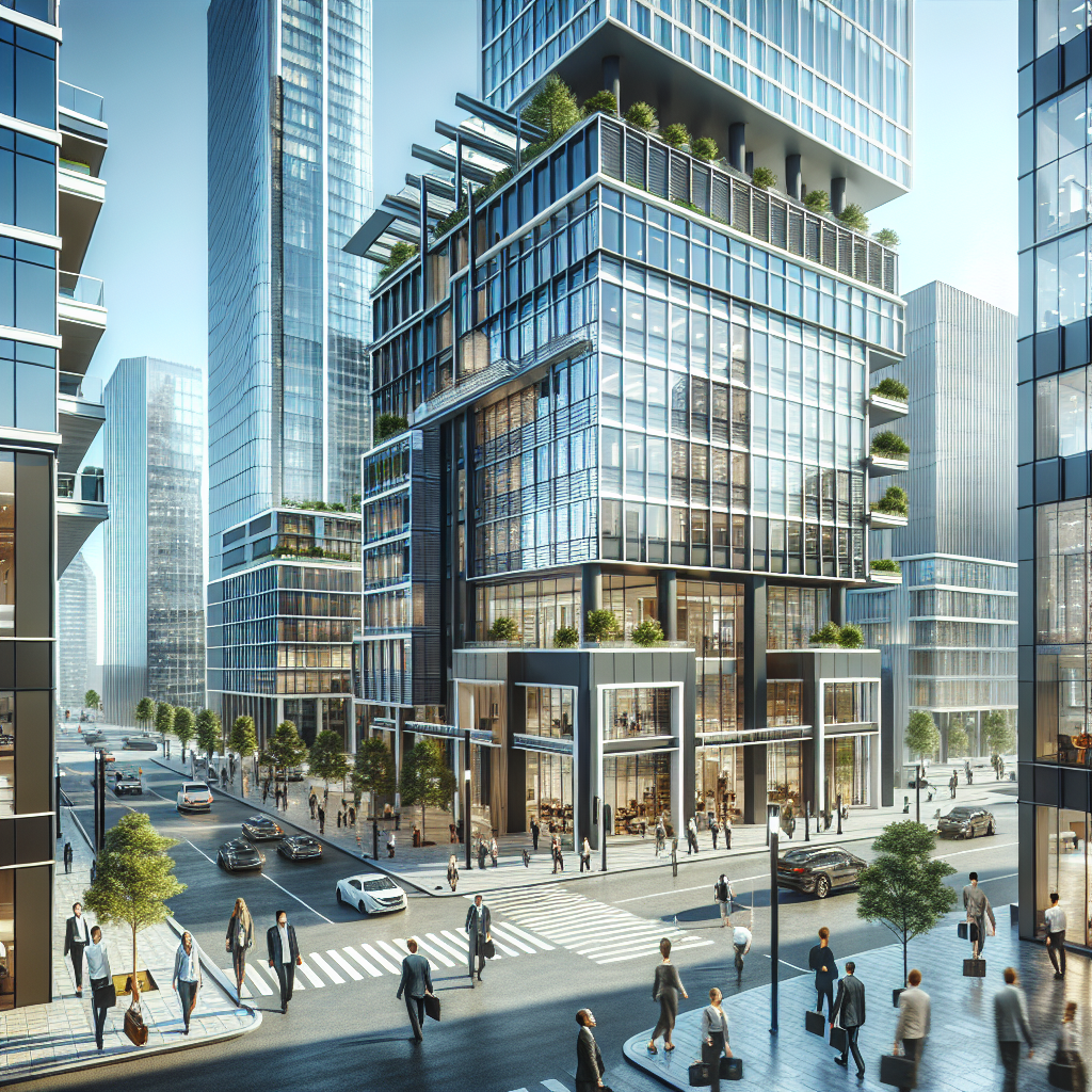 Modern office towers in a bustling cityscape, vibrant business activity, people entering leased offices, bright daylight, dynamic urban environment.