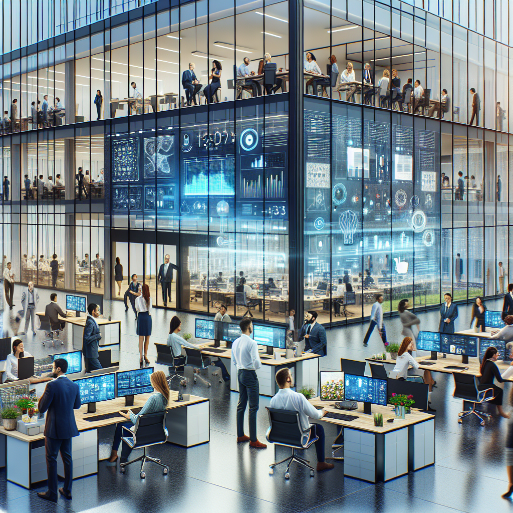 A modern Indian office building bustling with diverse professionals collaborating on technology projects, reflecting rapid growth and innovation.