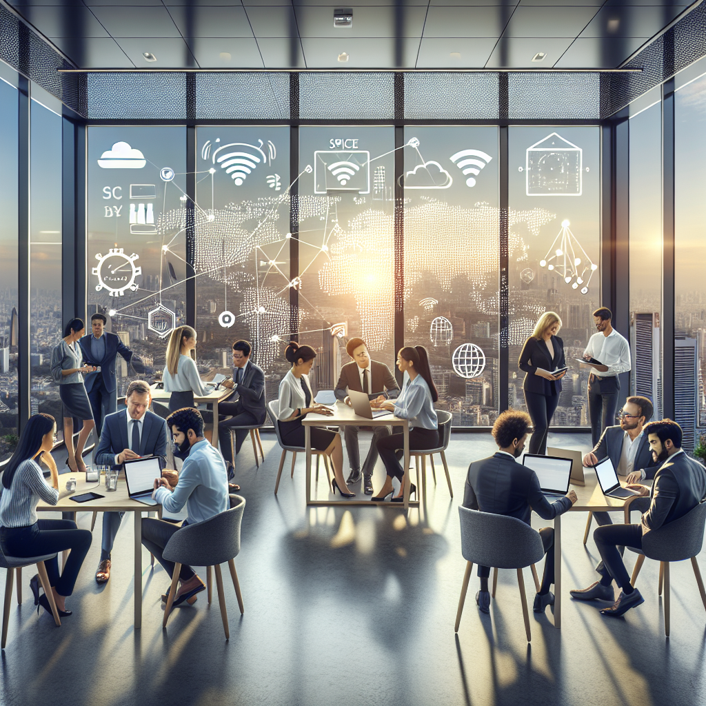 A modern office in Delhi-NCR with telecom professionals collaborating, surrounded by global telecom company logos and digital connectivity icons.