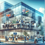 Modern glass office buildings in a bustling Indian cityscape, professionals collaborating inside, with UK and Indian flags subtly displayed.
