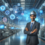 A dynamic Indian engineer overlooking high-tech manufacturing machinery, futuristic digital screens, and global industry icons to symbolize innovation.