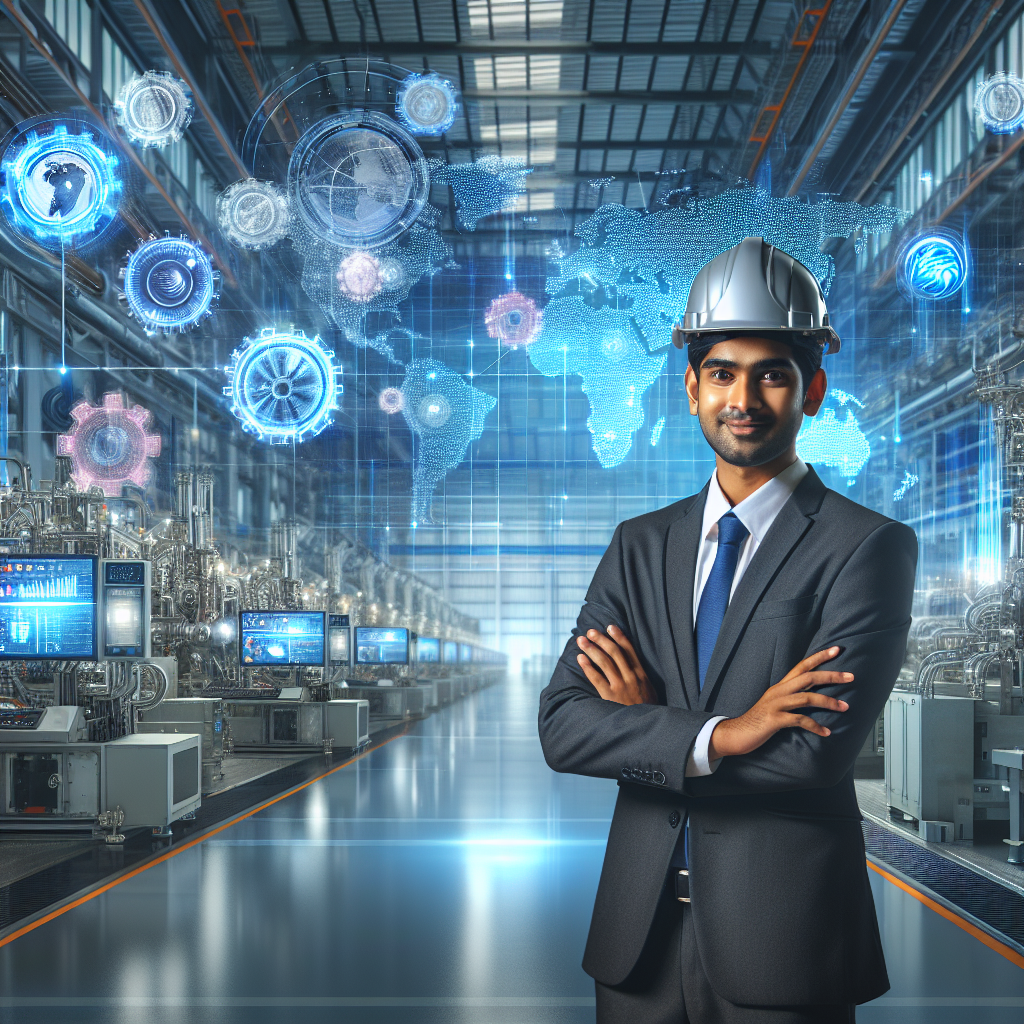 A dynamic Indian engineer overlooking high-tech manufacturing machinery, futuristic digital screens, and global industry icons to symbolize innovation.