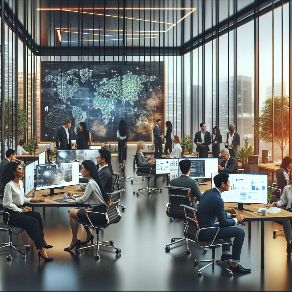 Modern corporate office in India with diverse professionals collaborating around digital screens, symbolizing innovation and global business excellence.