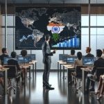 A business leader giving a presentation with a digital market growth chart, highlighting India and showcasing diverse people using computers.