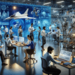 Dynamic Indian engineers collaborating in a modern tech lab, advanced machinery and digital screens showcasing aerospace, automotive, and AI innovations.