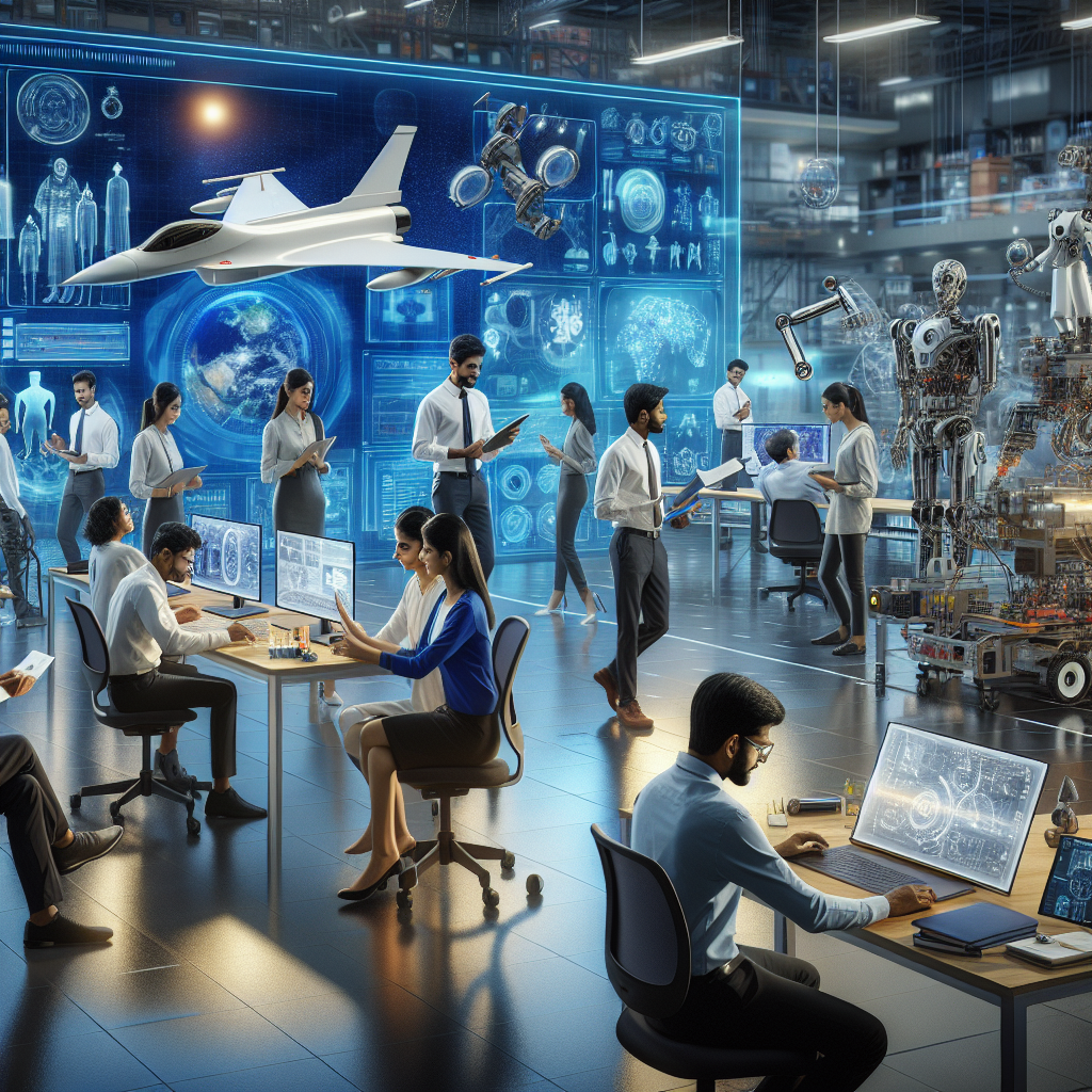 Dynamic Indian engineers collaborating in a modern tech lab, advanced machinery and digital screens showcasing aerospace, automotive, and AI innovations.