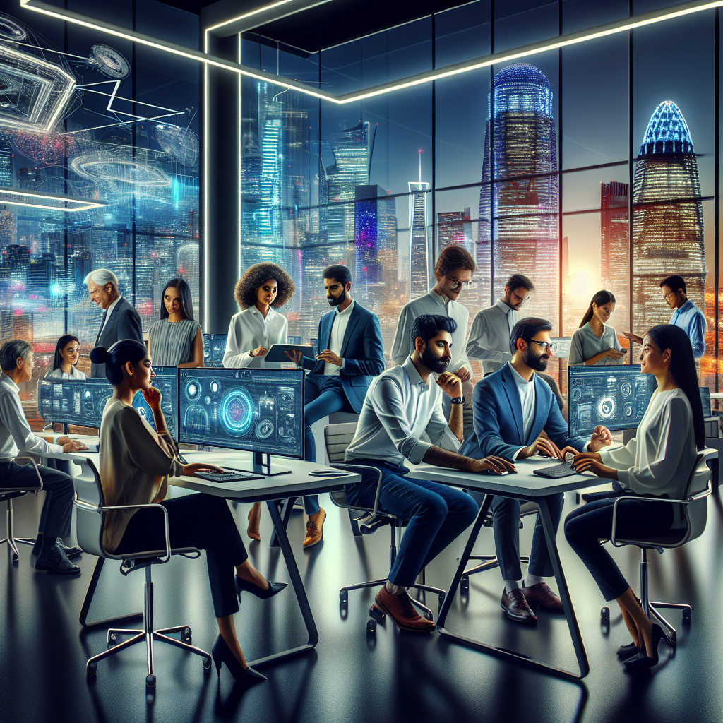 A modern Indian office with diverse professionals collaborating on innovative tech projects, digital screens, and a futuristic city skyline in the background.