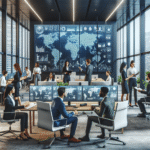A modern, high-tech corporate office environment with professionals collaborating around digital screens, highlighting innovation and global connectivity in India.