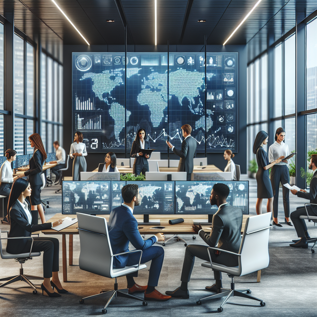 A modern, high-tech corporate office environment with professionals collaborating around digital screens, highlighting innovation and global connectivity in India.