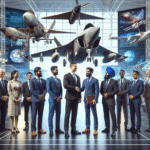A dynamic image of Indian and international startup founders shaking hands in front of modern defence and aerospace technology displays, symbolizing global partnership.