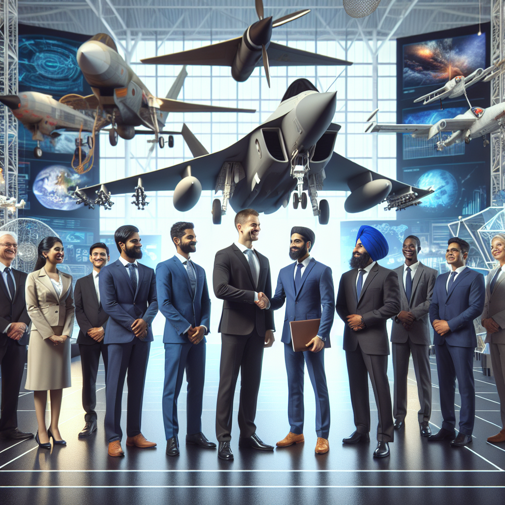 A dynamic image of Indian and international startup founders shaking hands in front of modern defence and aerospace technology displays, symbolizing global partnership.