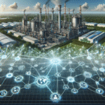 A modern chemical plant with interconnected supply chain icons, emphasizing sustainability, digital innovation, and global resilience.